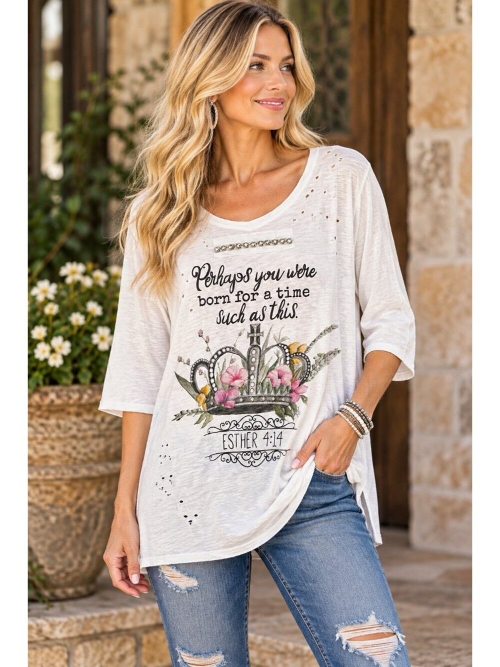 A Rare Bird S/M Esther 4:14 Christian Shirt Rhinestone Distressed Crown Boho